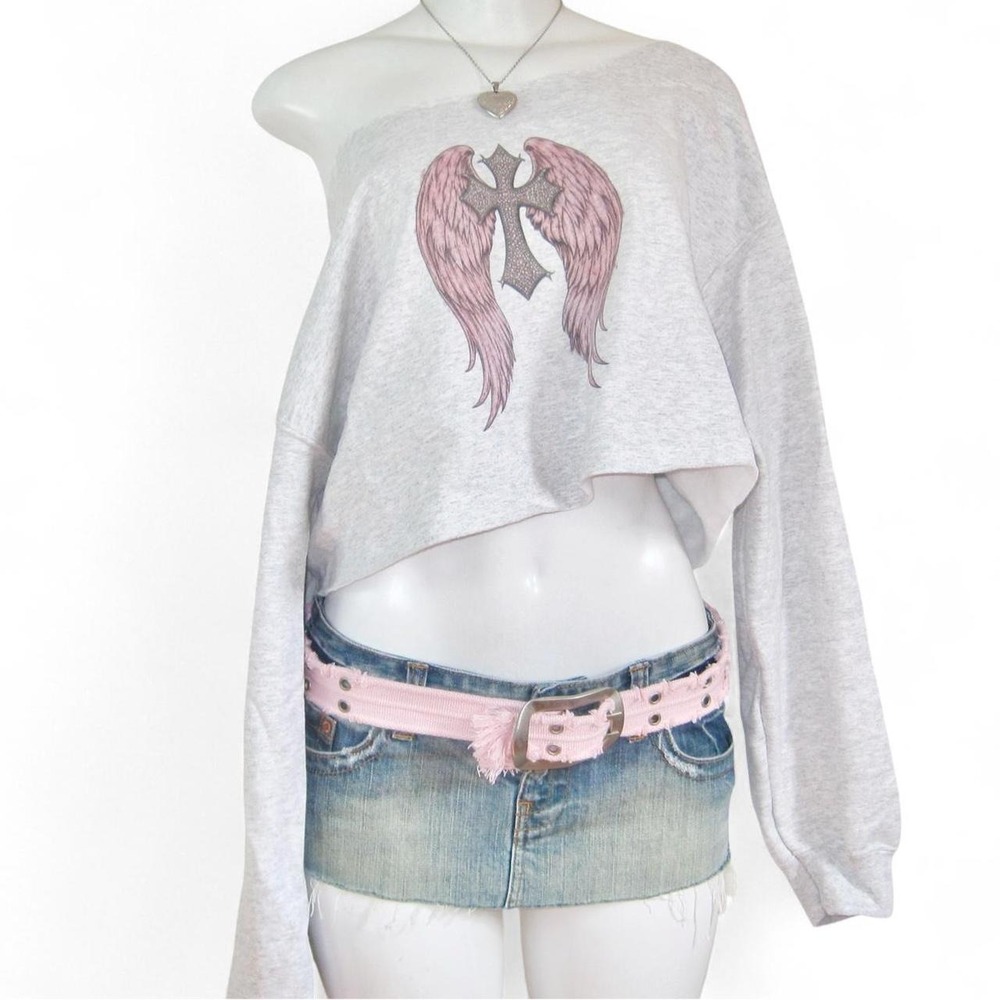 Y2K grey angel wings cropped long sleeve top